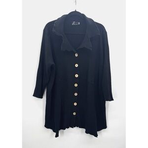 Fenini 2X Top Black Button Down Asymmetrical 3/4 Sleeve Waffle Knit Lagenlook